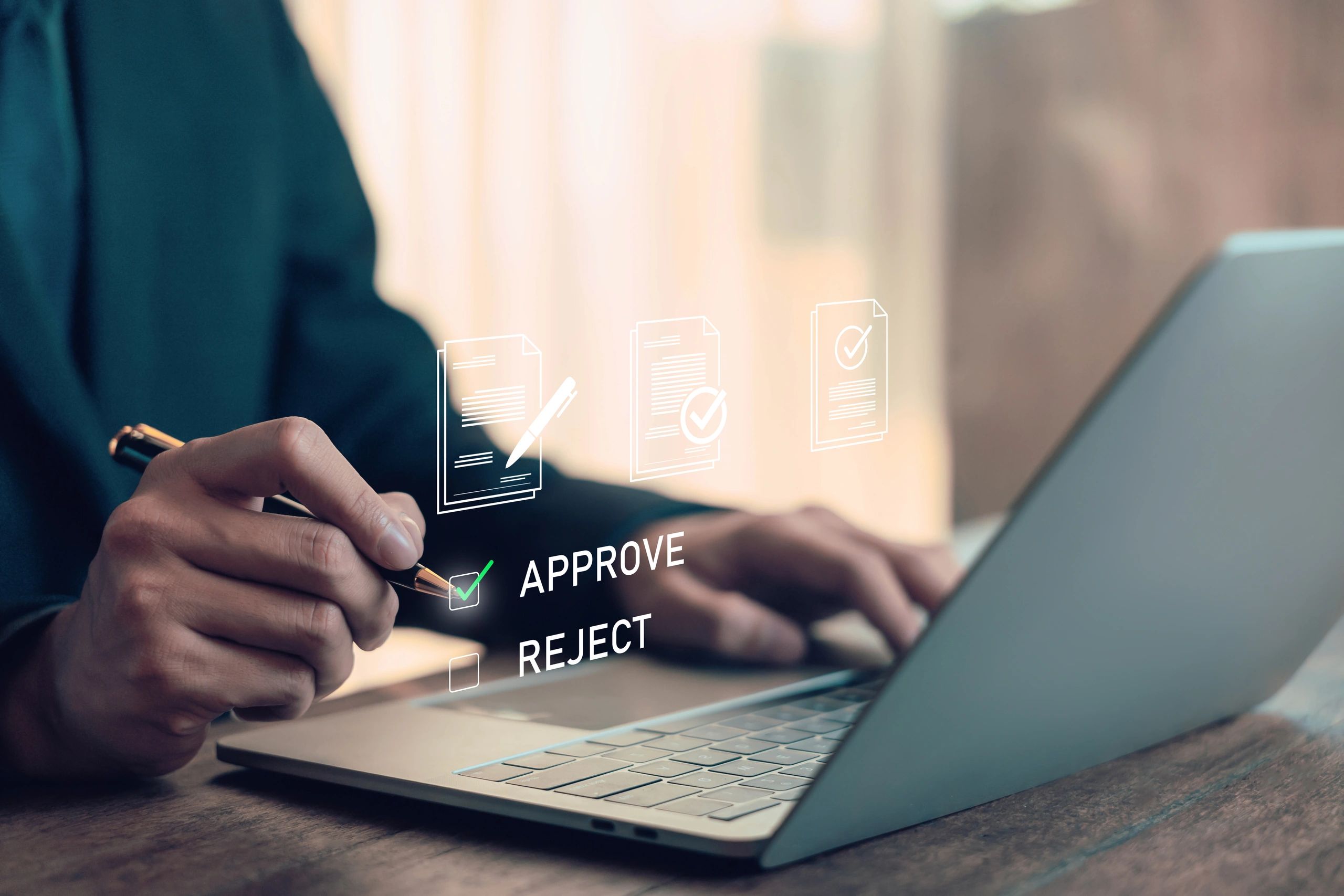 Digital contract approval on laptop representing service terms and agreements